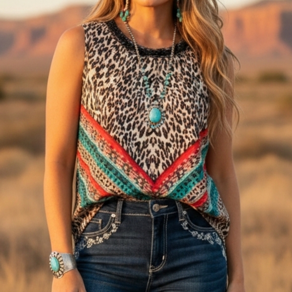 Point Zero Western Boho Animal Print Mixed Media Top SZ L - Picture 2 of 14